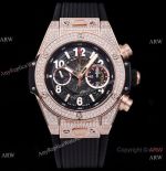 Iced Out Hublot Big Bang Unico Replica Watch 7750 Movement Rose Gold Skeleton Dial